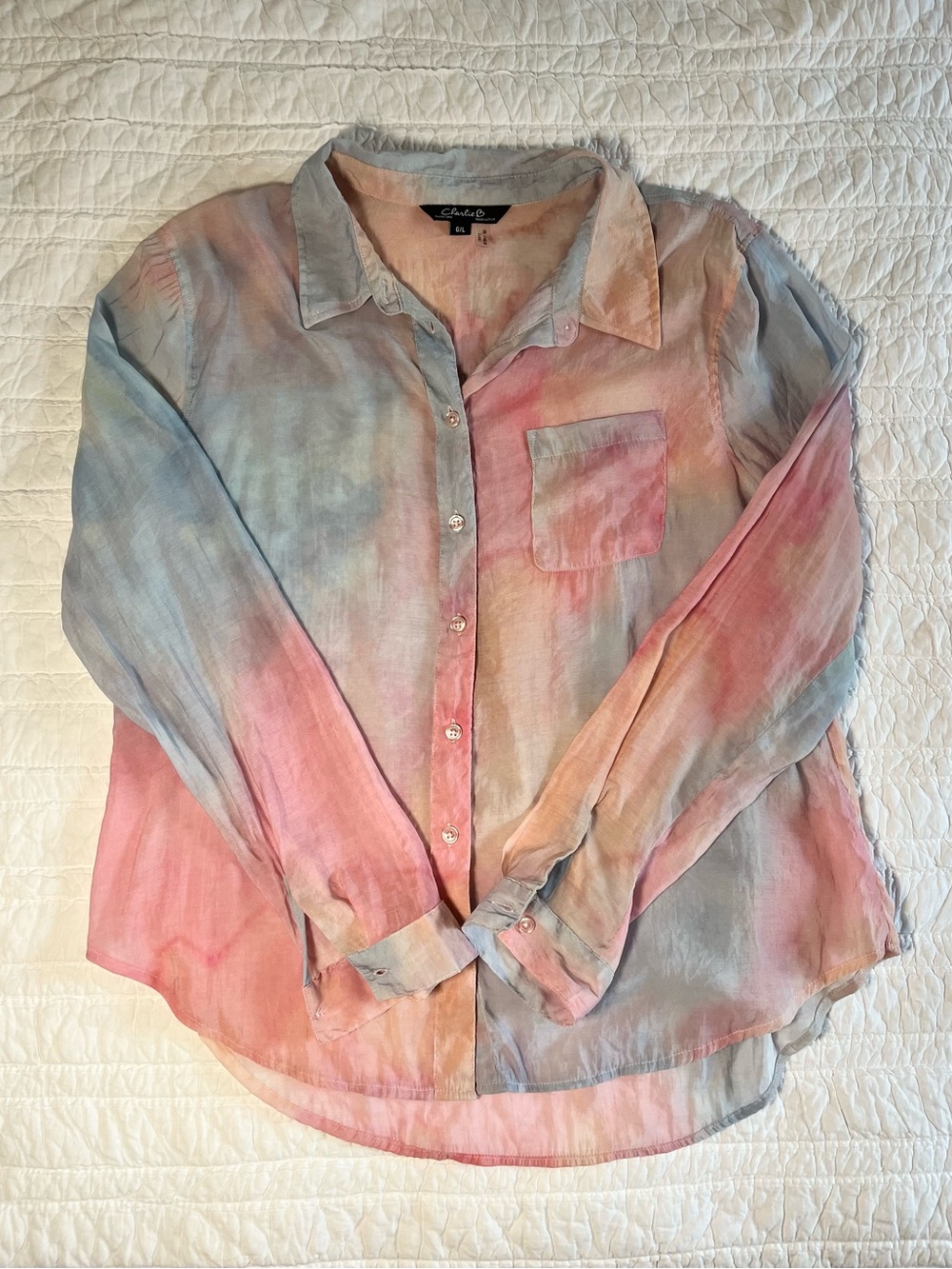 Charlie B Pastel Tie-Dye Button-Up Shirt Blouse - Size L